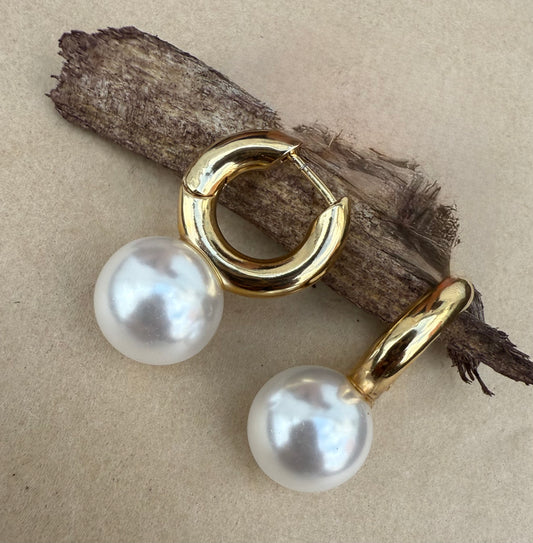 Gold Shiny Hoop Earrings with Pearl Drop