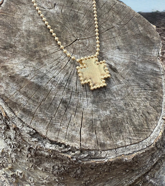 Worn Gold Ball Beaded Cross Necklace in Gold.