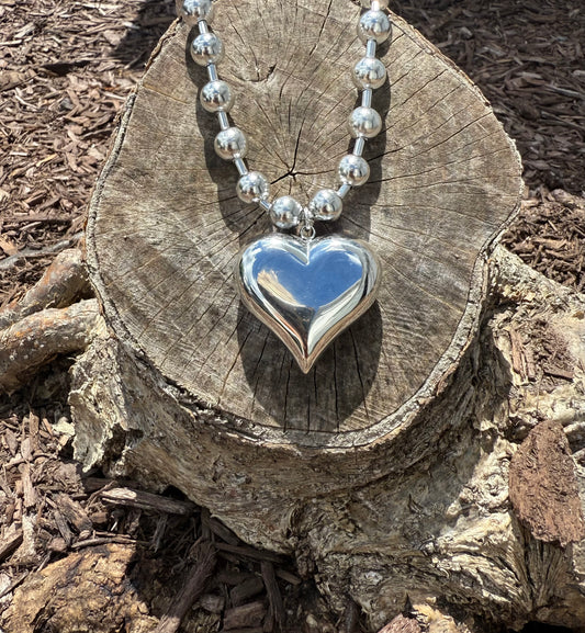 Ball Chain Silver Statement Necklace with Shiny Heart Pendant
