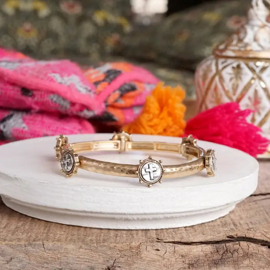 Two-Tone/Mixed Metal Cross Coin Bangle in worn Gold