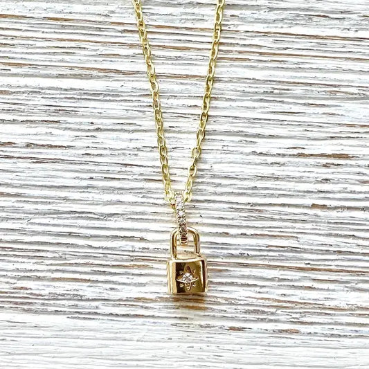 Dainty Gold Lock Necklace With Single  Crystal