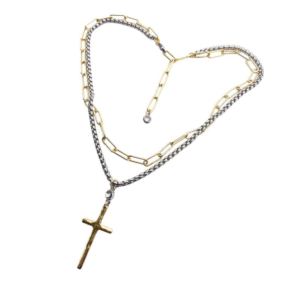 Cross Layered Necklace Mixed Metal Two-Tone - Gold Cross Pendant