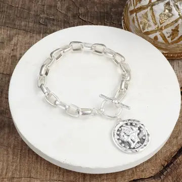 Worn Silver Cable Chain Link Bracelet with Coin Charm