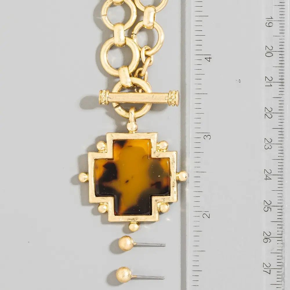 Gold Chain Link Toggle Necklace with Tortoise Cross Pendant