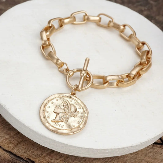 Worn Gold Cable Chain Link Bracelet with Coin Charm