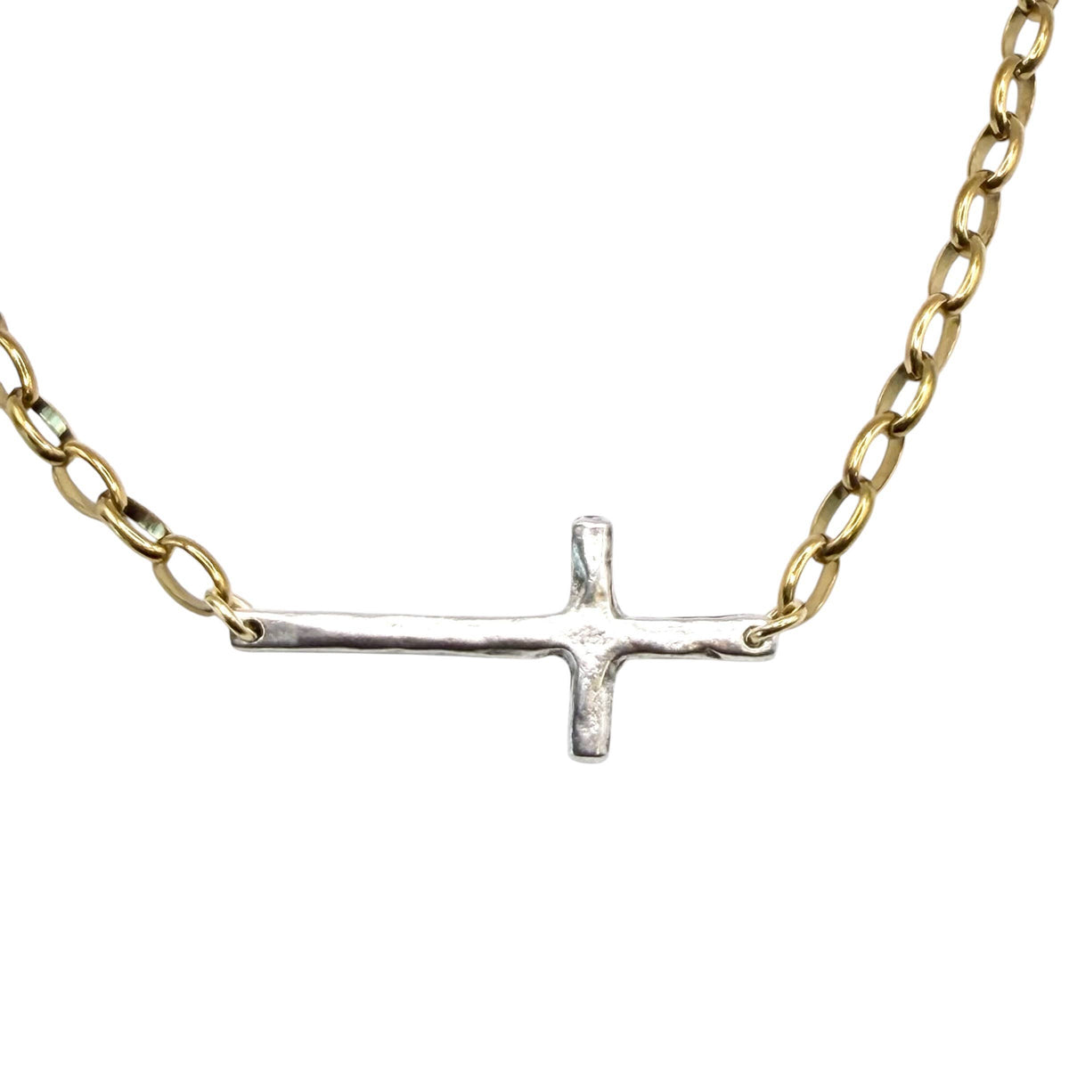 Sideways Cross Religious Mixed Metal Gold with Silver Cross Necklace