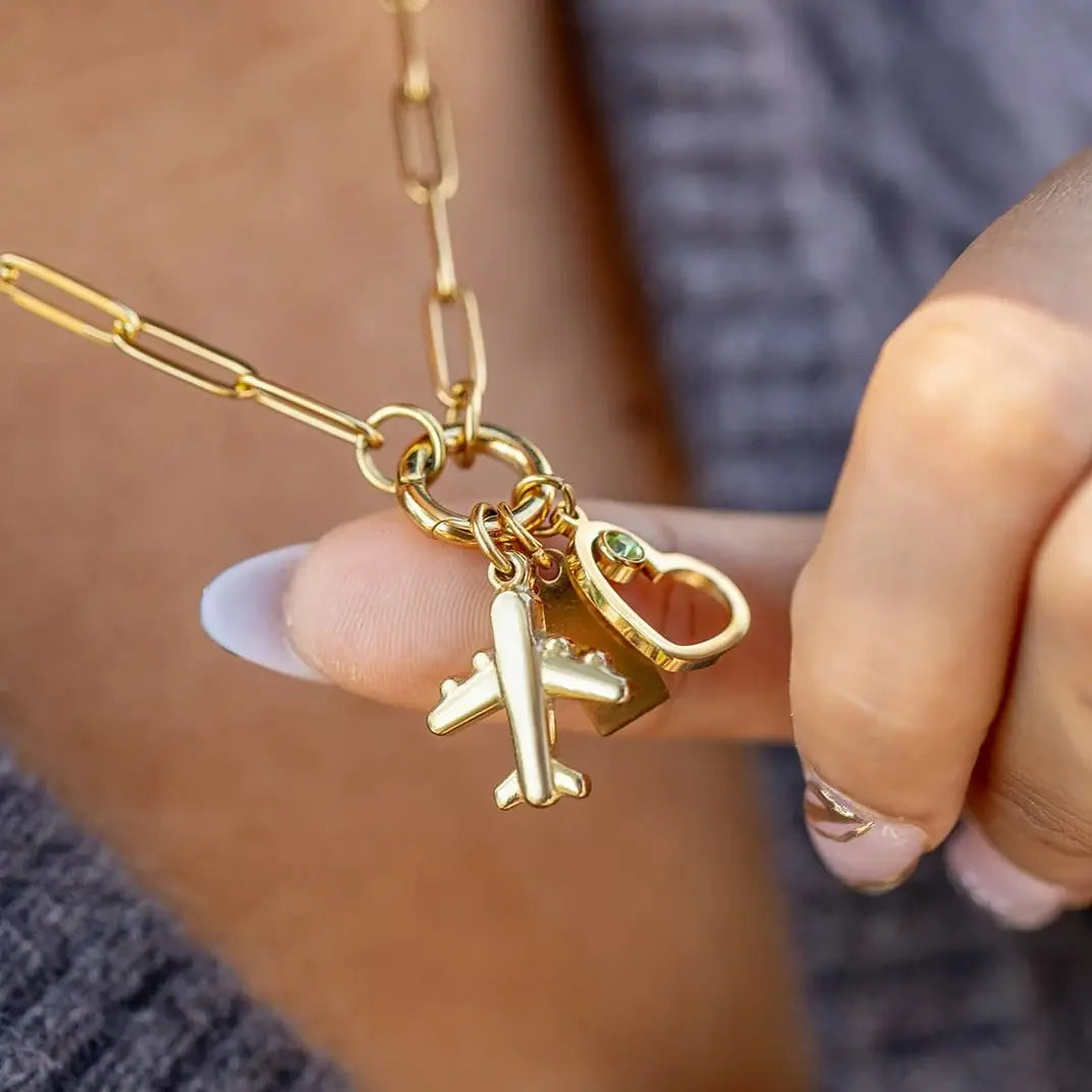 Gold Paperclip Carabiner Charm Holder Necklace with Gold & Pearl Cross Charm