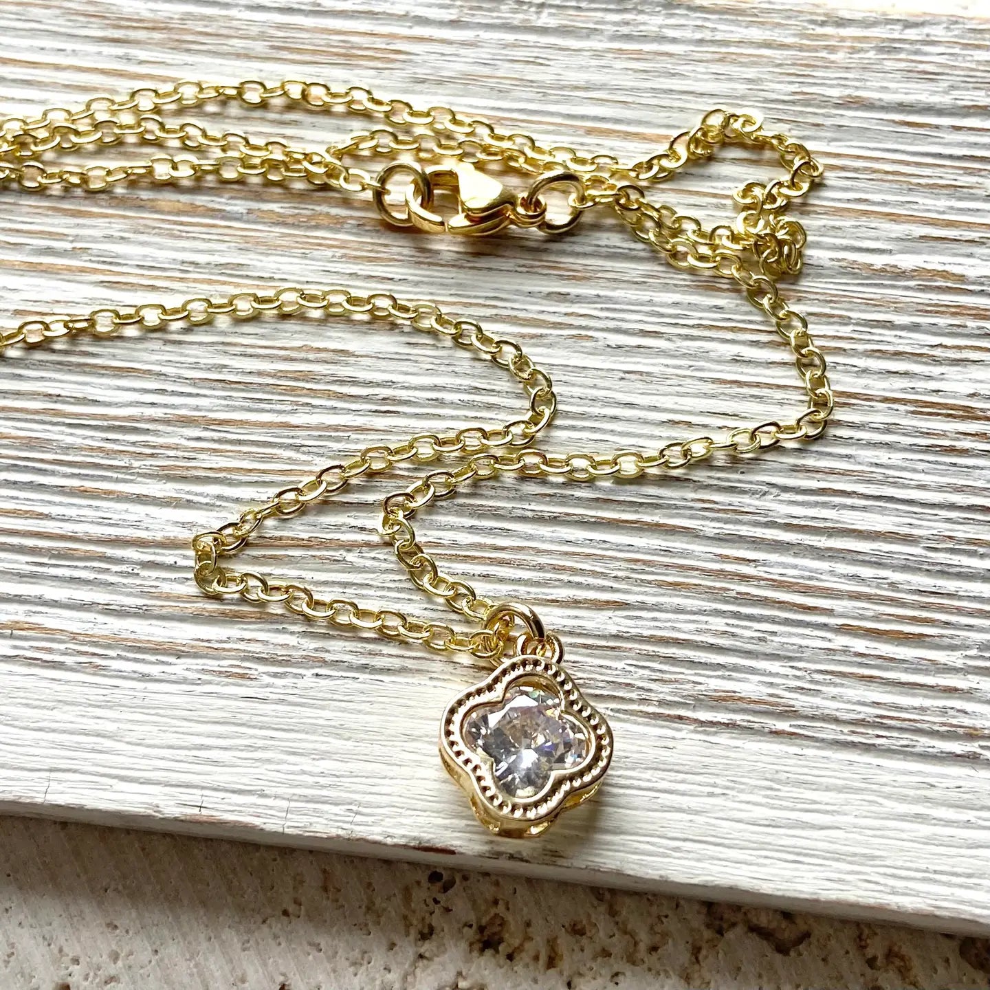 Gold Dainty Crystal Clover Sparkly Necklace