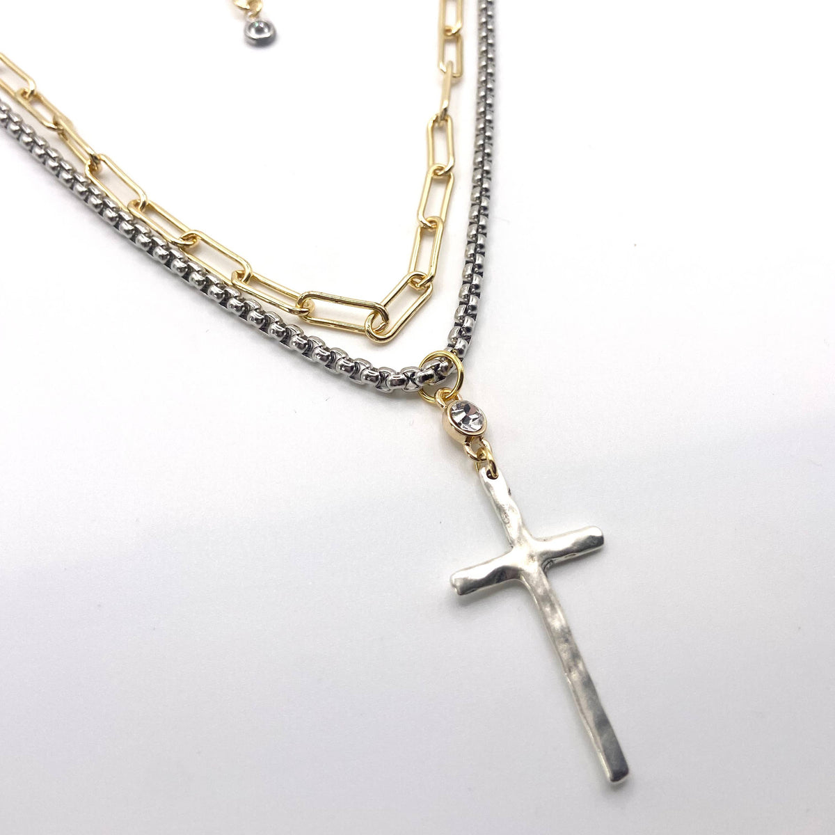 Cross Layered Necklace Mixed Metal Two-Tone - Gold Cross Pendant