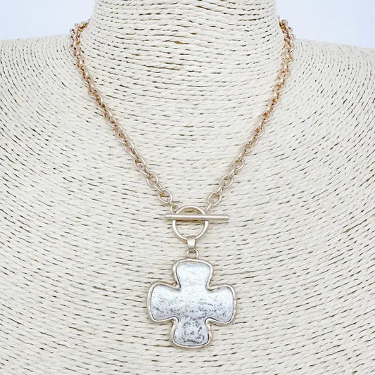 Two-tone Gold Toggle Chain Necklace with a Bold Silver Cross Pendant