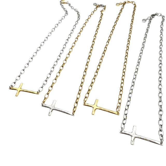 Sideways Cross Religious Mixed Metal Gold with Silver Cross Necklace