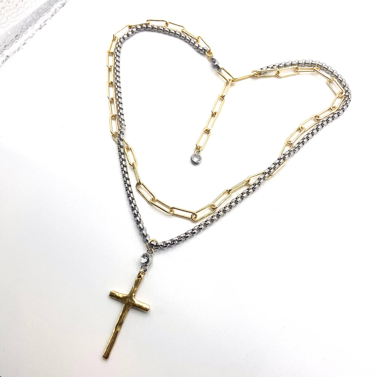 Cross Layered Necklace Mixed Metal Two-Tone - Gold Cross Pendant