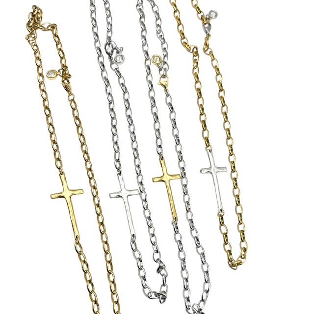 Sideways Cross Religious Mixed Metal Gold with Silver Cross Necklace