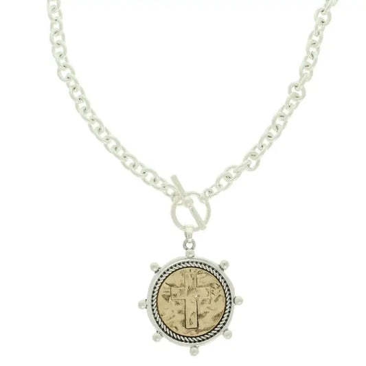 Silver Chain Necklace with Two-Tone Coin Cross Pendant & Toggle Closure