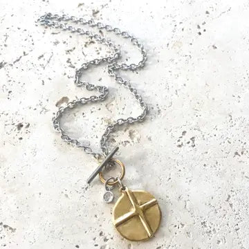 18” Two-Tone Cross/Heart Reversible Pendant on a Toggle Chain