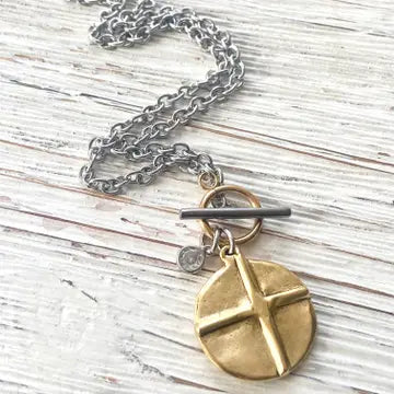 18” Two-Tone Cross/Heart Reversible Pendant on a Toggle Chain