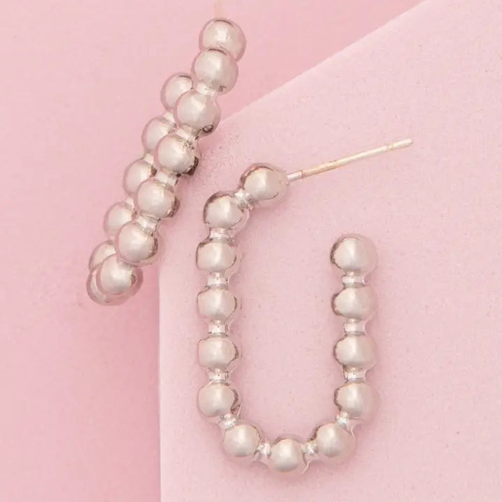 Silver-Beaded Open Hoop Post Earring.