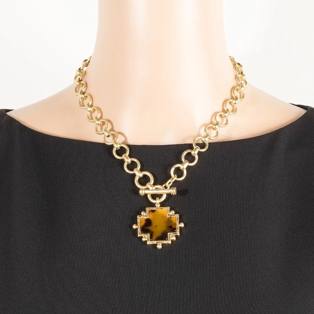 Gold Chain Link Toggle Necklace with Tortoise Cross Pendant