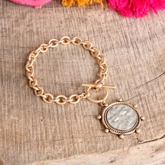 Gold  Chain Bracelet with two tone coin cross pendant & toggle closure