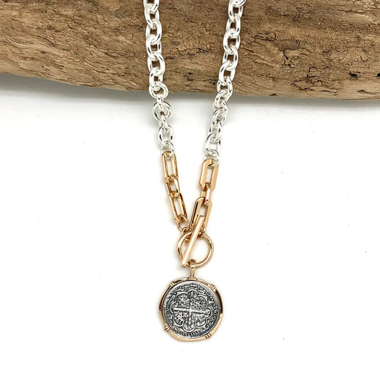 Silver/Two-Tone Chain Link Toggle Necklace with Silver Coin Pendant Edged in Gold.