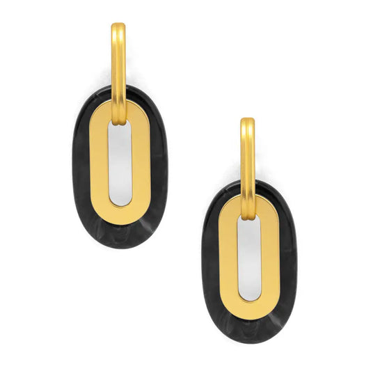 Black Resin & Gold Metal Oval Drop Earrings