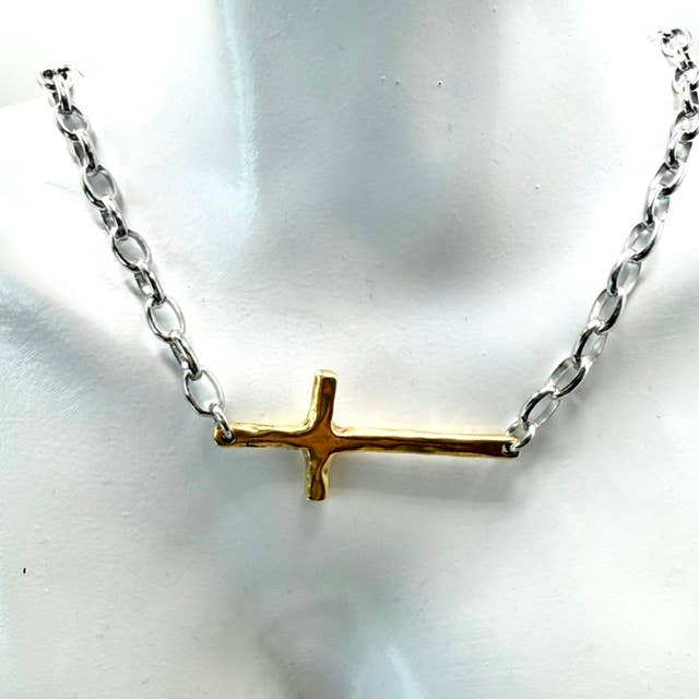 Sideways Cross Religious Mixed Metal Gold with Silver Cross Necklace