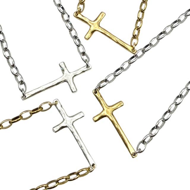 Sideways Cross Religious Mixed Metal Gold with Silver Cross Necklace